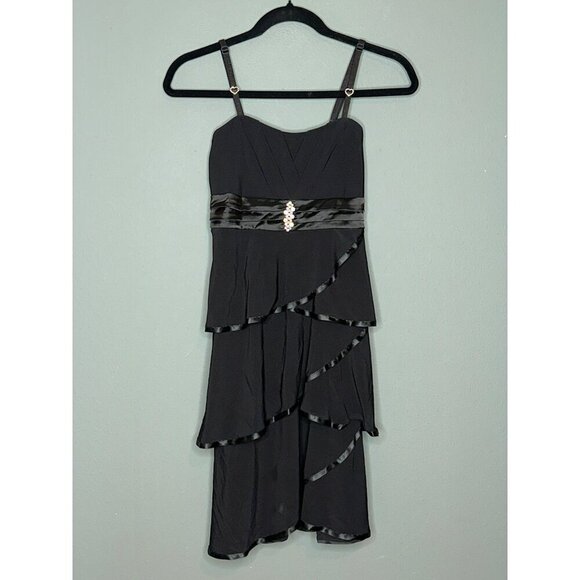 VTG Deb Medium Y2K 90s Strappy Tiered Satin Trim Tiered Bow Bling Party Dress - Picture 1 of 10
